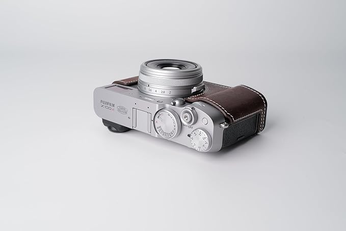 Genuine Leather Camera Half Case for Fujifilm X100VI - Top Layer Cowhide Body + Metal Base Plate - Hand Shank Free Design (Dark Brown)