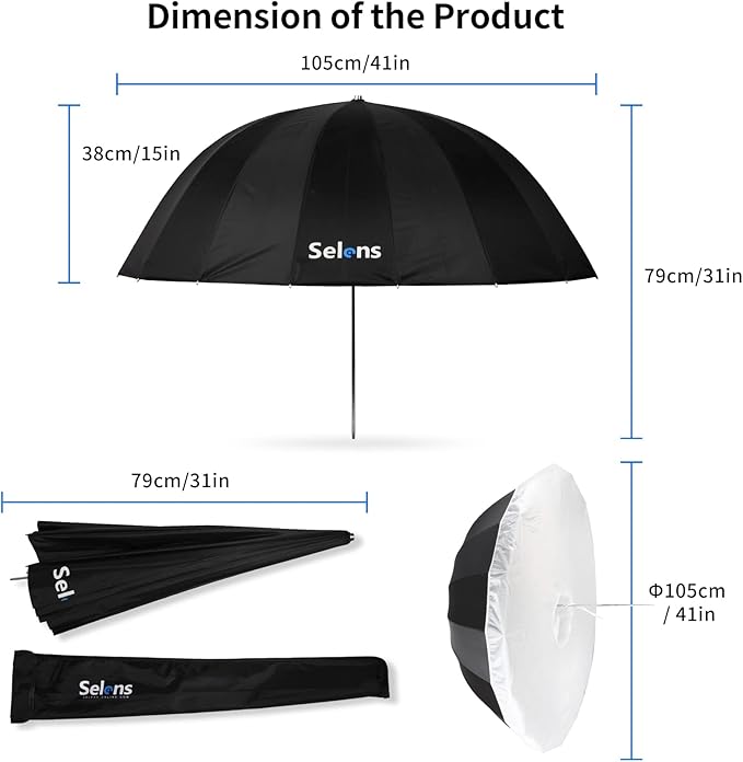 Selens 41 Inch Parabolic Umbrella with Diffuser Cover, Collapsible Black/Silver 16 Ribs Reflective Umbrella for Photo Studio Flash Speed Light