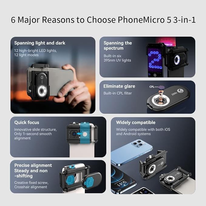 【2026 Upgraded】 DALYANGDA Phone Microscope Lens, Nano Zoom 200x for iPhone, Nanozoom for iPhone,Nanozoom 200x Magnification Zoom, Nanosight x200,12 LED Modes,CPL Lens,Stable(Black)-Qing huo