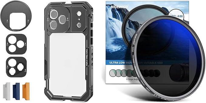 NEEWER PA144 (Black) Phone Cage Compatible with iPhone 17 Pro Max + 67mm Variable ND Filter ND2-ND400, Quick Release Video Rig Stabilizer Accessories with 67mm Filter Ring/17mm Lens Backplate/T Mount