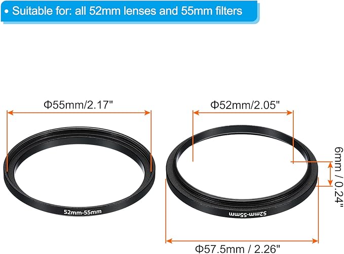 PATIKIL 52mm-55mm Metal Step Up Ring, 2 Pack Camera Lens Filter Adapter Ring Aluminum for Camera Lenses, Black