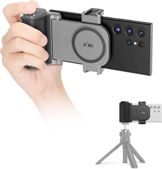 KIWIFOTOS Travel Phone Camera Grip Smartphones Camera Handle with Remote Control & Cold Shoe Mount for iPhone 17 16 Pro Max Samsung S24 S25 Selfie Vlog Video Shooting-Gray