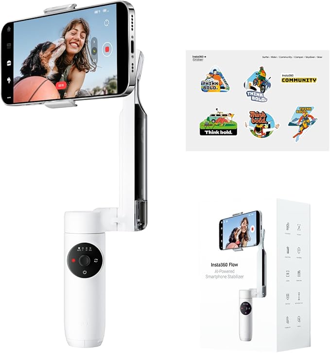 Insta360 Flow Gimbal Stabilizer for Smartphone, Official Sticker Kit - AI-Powered Gimbal, 3-Axis Stabilization, Built-in Tripod, Portable & Foldable, Auto Tracking Phone Stabilizer, Summit White