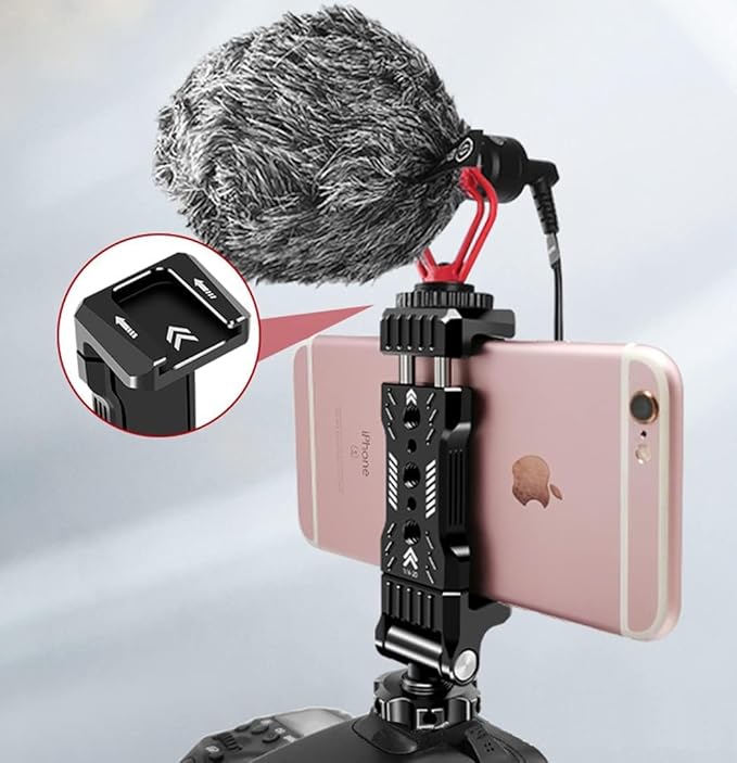 Phone Clamp Tripod Mount Adapter, Metal Phone Holder with Cold Shoe,Compatible with iPhone Sumsung Lg BlackBerry etc,Fits for Tripod Monopod Phone Cage Camera Cage
