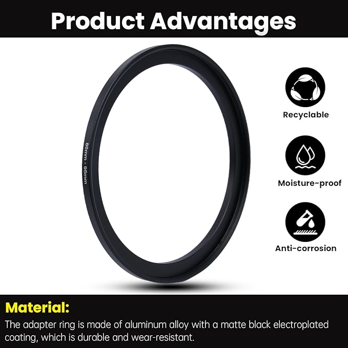 Metal Step Up Ring Filter Adapter - 86mm to 95mm - Metal Ring Step Up Rings Adapter Filter Compatible with All 95mm UV, CPL, ND, Lens Hood, Threaded Lens ect
