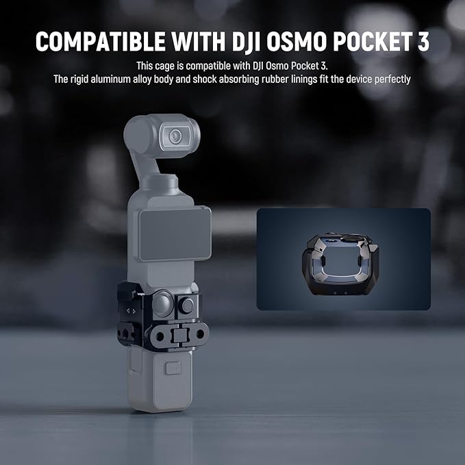 NEEWER Pocket 3 Cage, Aluminum Alloy Gimbal Camera Video Recording Rig with Built in Action Camera Accessory Adapter 1/4" Threads Compatible with DJI Osmo Pocket 3, No Assembly Needed, AC009