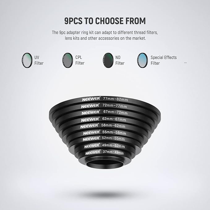 Neewer 9 Pieces Lens Filter Rings Set, Made of Anodized Aluminum, Includes: 37-49mm, 49-52mm, 52-55mm, 55-58mm, 58-62mm, 62-67mm, 67-67mm, 8-2.8 35" 72-77mm 77-82mm
