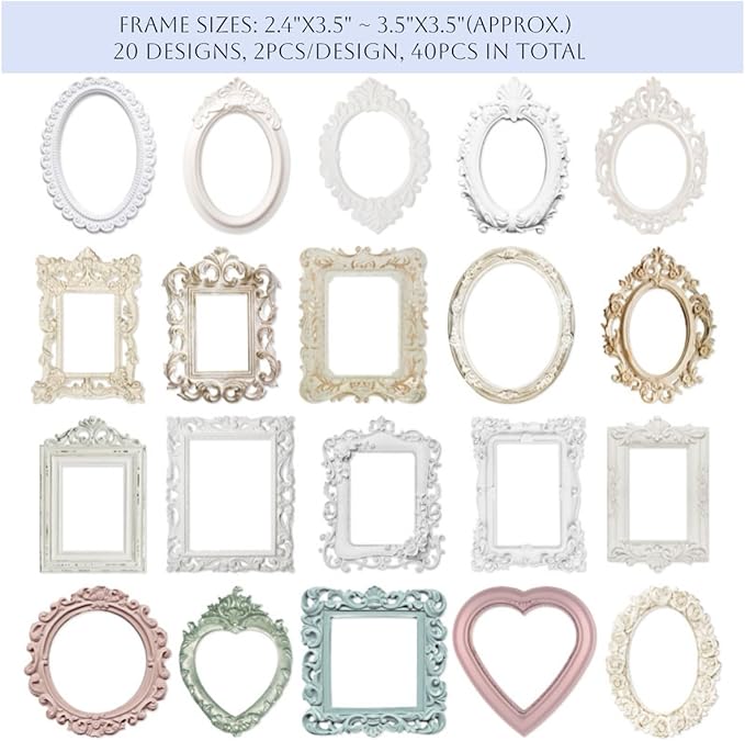 40Pcs Embossed Vintage Frames Scrapbook Decorative Paper, 4 Packs Small Photo Frame Card Cutouts for Card Making Junk Journaling Scrapbooking Supplies Notebook Photo Album Decor Non-Sticky