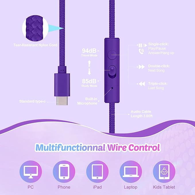 QearFun Kids Unicorn Headphones with USB C for Girls with Microphone, 85/94dB Safe Volume Limiter, Tangle-Free Cord, Share Port, Foldable Sparkly Wired Headset for School, Travel, Tablet, iPad