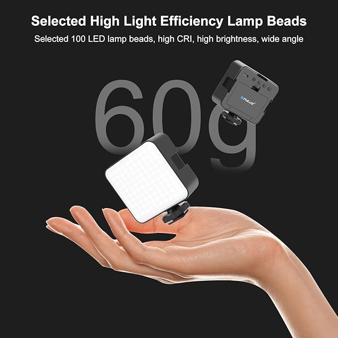 PULUZ 100 LED Video Light, 5W 3-Color Temperature Dimmable (2900K-6500K) Camera Fill Light with Cold Shoe Mount USB-C/AA Battery Powered for DSLR Camcorder Vlogging Macro Photography