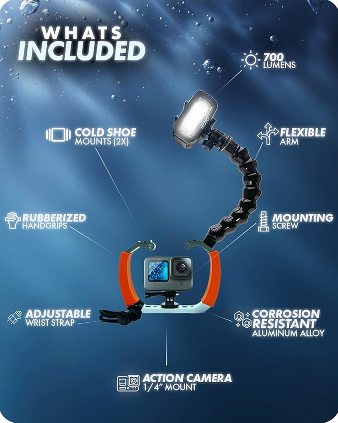 Movo DiveRig8 Underwater Video/Photo Diving Rig for Scuba and Snorkeling - Compact Action Camera Cage Dive Rig, Waterproof Light with Flexible Arm Mount - Compatible with GoPro, DJI Osmo, Insta360