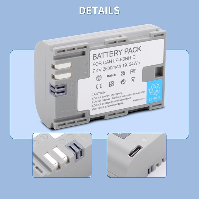 LP-E6NH 2600mAh USB-C Charging Rechargeable Camera Battery (2 Pack) for Canon EOS R, R5C, 5D Mark II, 5D III, 5D IV, 5DS, 5DSR, 6D, 7D, 7D II, 7D III, 80D, 70D, 60D, 60Da, XC10, XC15