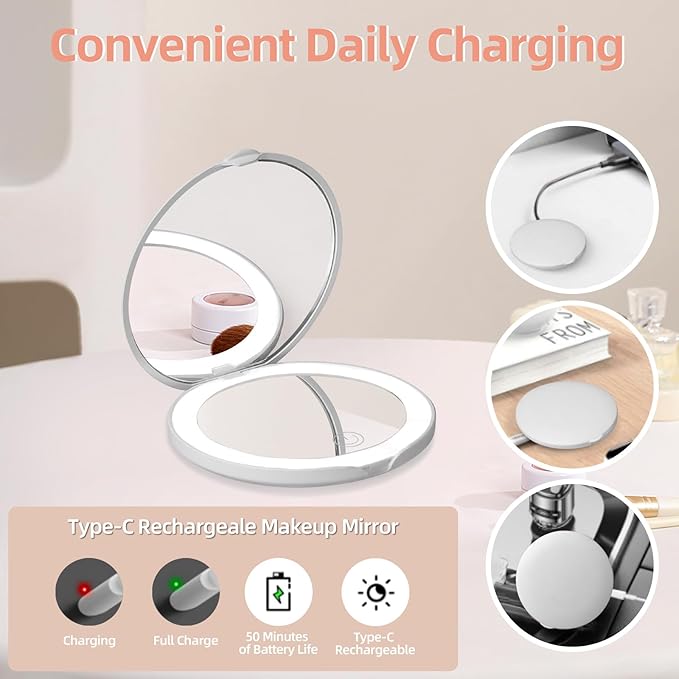 Compact Mirror with Light, Dimmable Pocket Mirror, Rechargeable Mini Mirror for Purse, Pocket, Travel and Present, Folding, Handheld, 2-Sided, Round