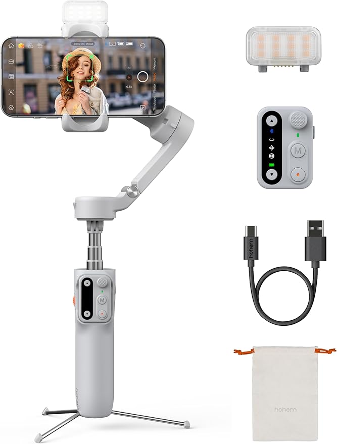 Hohem iSteady X3 Gimbal Stabilizer for iPhone, Foldable Phone Gimbal Object Tracking, Remote Control, 3-Axis Phone Stabilizer Built-in Extendable Rod & Tripod, Fill Light for Video Recording, YouTube