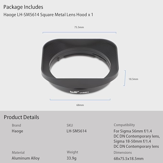 Haoge Bayonet Square Metal Lens Hood for Sigma 56mm F1.4,18-50mm F2.8 DC DN | Contemporary Lens LH-SM5614