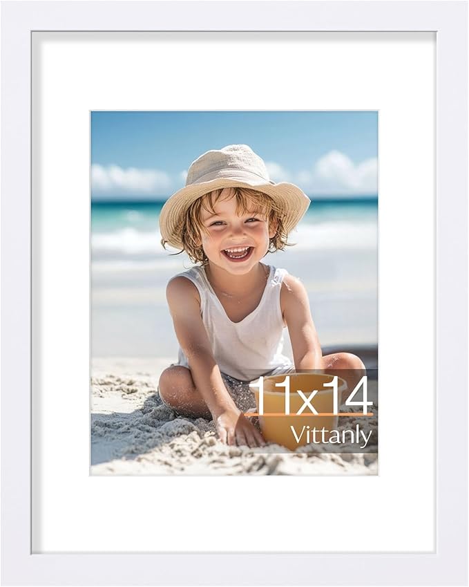 Vittanly 11x14 Picture Frame, Made of Solid Wood and Shatterproof Plexiglass, Display Pictures 8x10 with Mat or 8x10 without Mat, Wooden Photo Frame for Wall Mounting or Tabletop, White, 1 Pack