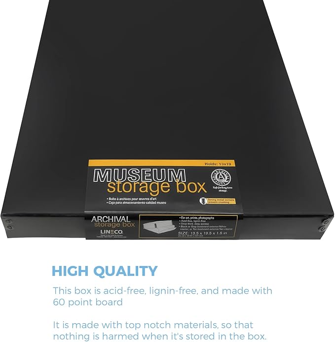 Lineco Museum Archival Storage Box, 13.75x19.75x1.5 in. Drop Front Design. Acid-Free with Metal Edge. Organize Photos, Pictures, Prints, Documents, Crafts, DIY. Black, 2 Pack