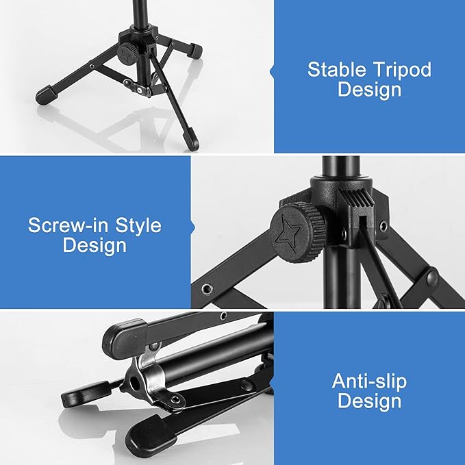 Microphone Stand Desk, BILIONE Portable Foldable Tripod with Mic Clip Holder Adjustable Desktop Microphone Stand for Dynamic Microphone