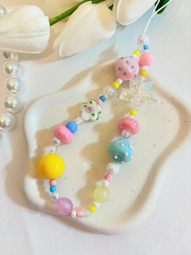 2 Pcs Phone Charm Strap Hand for iPhone Wrist Strap Camera Lanyard Pearl Beaded Cute Chain String Accessories Universal for iPhone 17 16 Pro 15 Samsung Women Girls Keychain Colored Beads and Shells