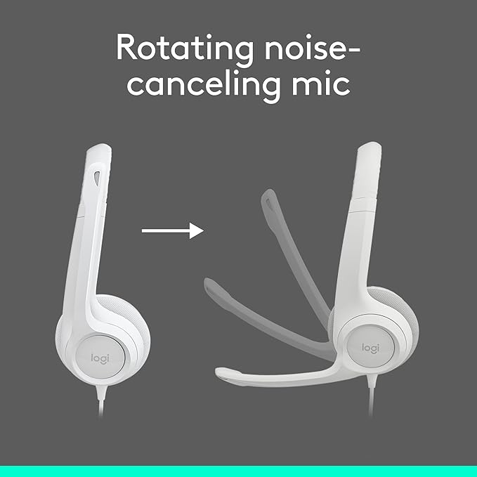 Logitech H390 Wired Headset for PC/Laptop, Stereo Headphones with Noise Cancelling Microphone, USB-A, In-Line Controls, Works with Chromebook - Off White