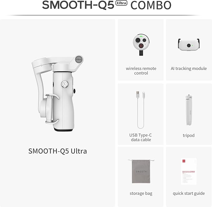 ZHIYUN Smooth Q5 Ultra Combo Phone Gimbal, 3-Axis Gimbal Stabilizer for iPhone with Detachable Voice Remote Control, AI Tracker, Built-in Extension Rod, Fill Light, for Video