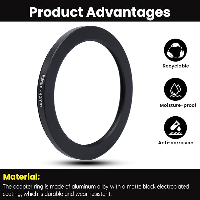 Metal Step Down Ring Filter Adapter - 52mm to 43mm - Metal Ring Step Down Rings Adapter Filter Compatible with All 43mm UV, CPL, ND, Lens Hood, Threaded Lens ect