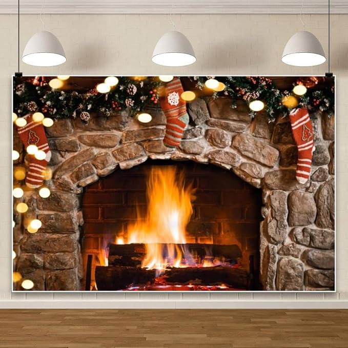 CSFOTO 9x6ft Vintage Brown Brick Wall Burning Fireplace Background Gold Glitter Sequins Country Farm Christmas Living Room Decoration Background Winter House Photo Studio Props