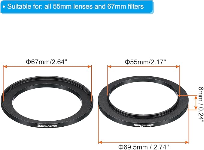 PATIKIL 55mm-67mm Metal Step Up Ring, 2 Pack Camera Lens Filter Adapter Ring Aluminum Filter Adapter Ring for Camera Lenses Hood, Black