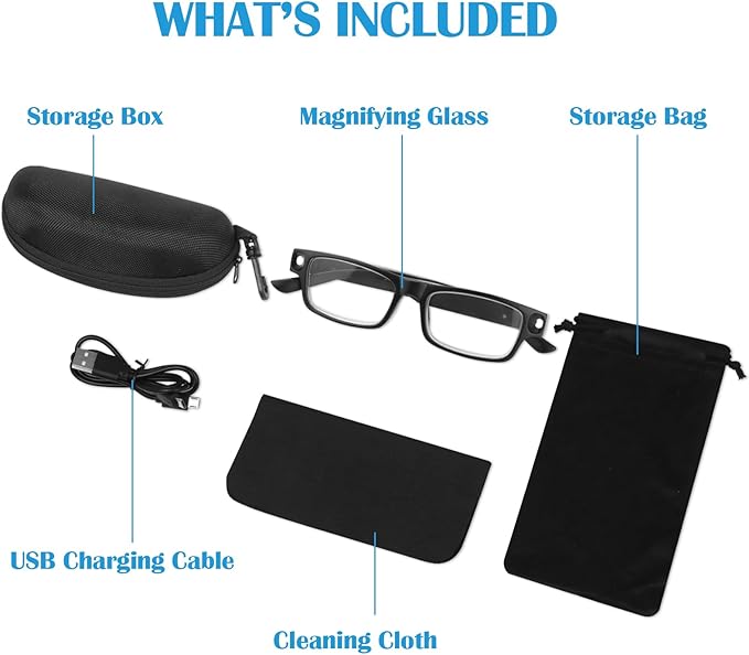 NZQXJXZ 200% Magnifying Glasses with Light,USB Rechargeable LED Lighted Magnifying Eyewear,Hands Free Head Magnifier Eyeglasses for Close Work, Hobbies,Reading,Craft,DIY Black