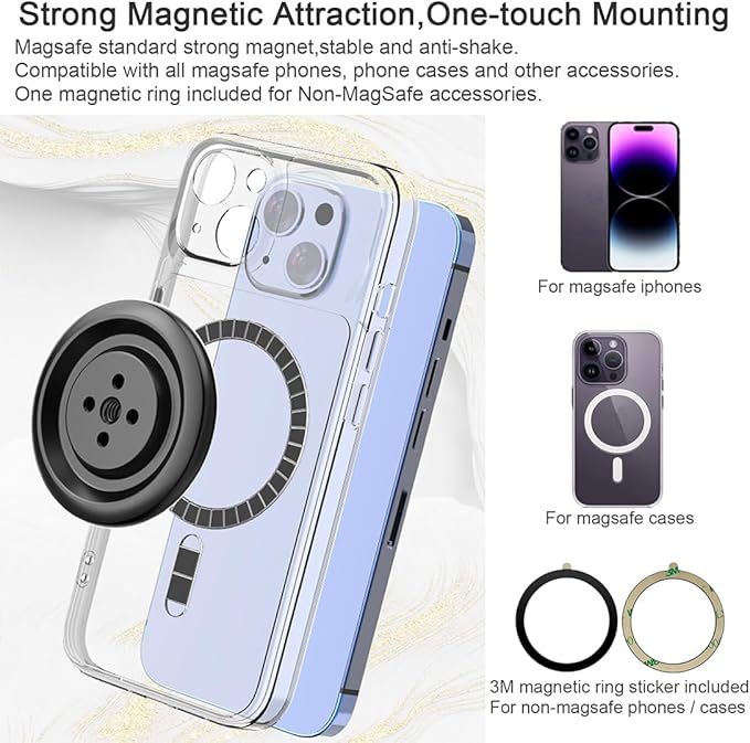 Magnetic Phone Tripod Adapter Mount with 1/4" Thread Screw Holes compatible with MagSafe for Iphone 15 14 13 12 Pro Max Plus Mini Video Recording Live Broadcast Tripod Selfie Stick Ballhead