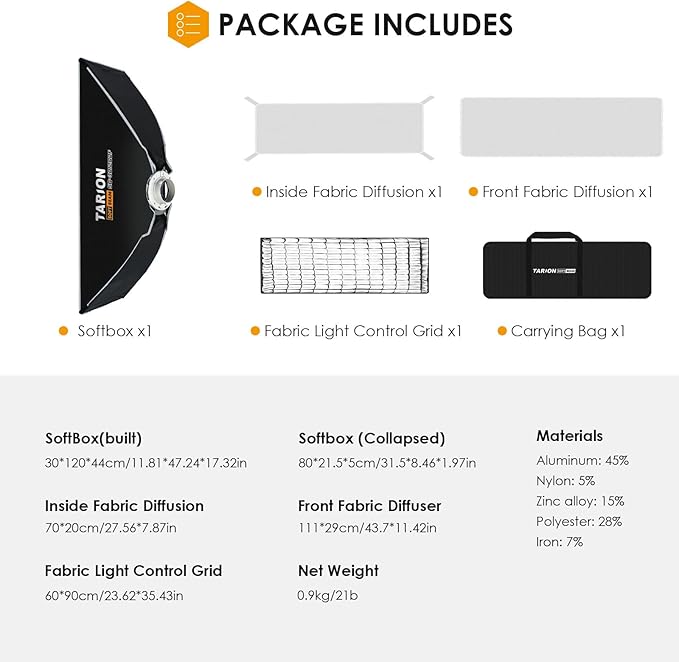 TARION 11.8"x47.2" Quick Release Strip Softbox - Foldable Bowens Mount Softbox with Diffusers/Honeycomb Grid/Carrying Bag for Live Streaming, Photography, Videography (SQ-30120F)