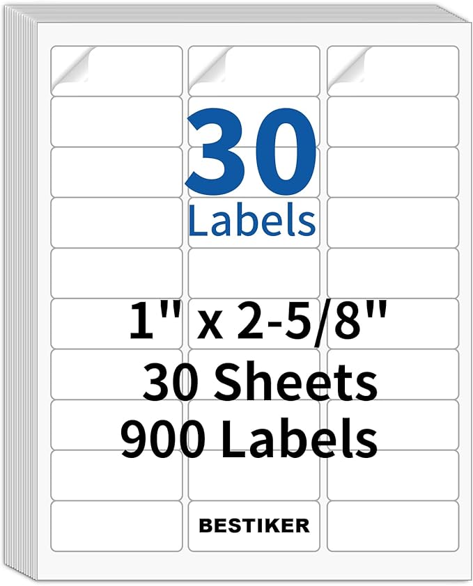 [30 Sheets 900 Labels] BESTIKER Address Labels 1” x 2-5/8” Shipping Mailing Labels 30 per Page Printable FBA Barcode Label, Laser & Inkjet Printer Labels 30up White