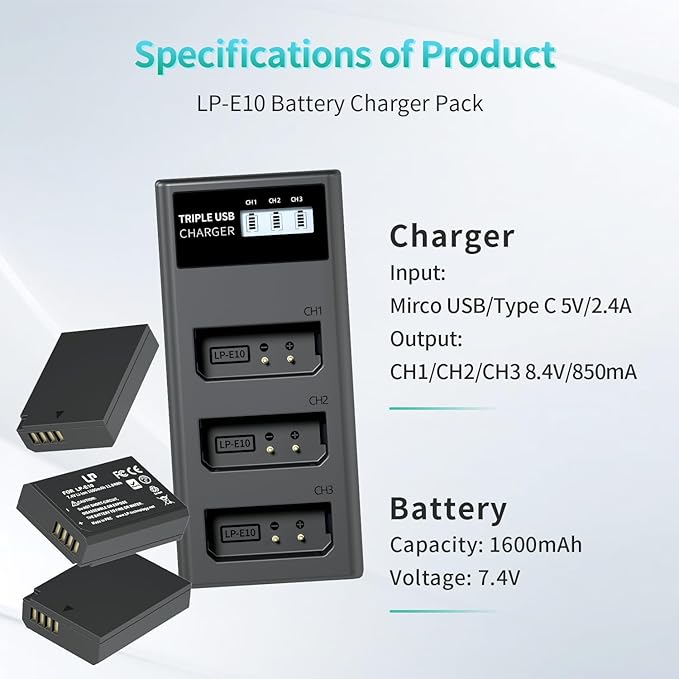 LP LP-E10 Battery Charger Pack, 3-Pack 1600mAh Replacement Battery, Triple Slot Charger, USB Battery Charger for Canon EOS Rebel T7, T6, T5, T3, T100, 4000D, 3000D, 2000D, 1500D, 1300D & More