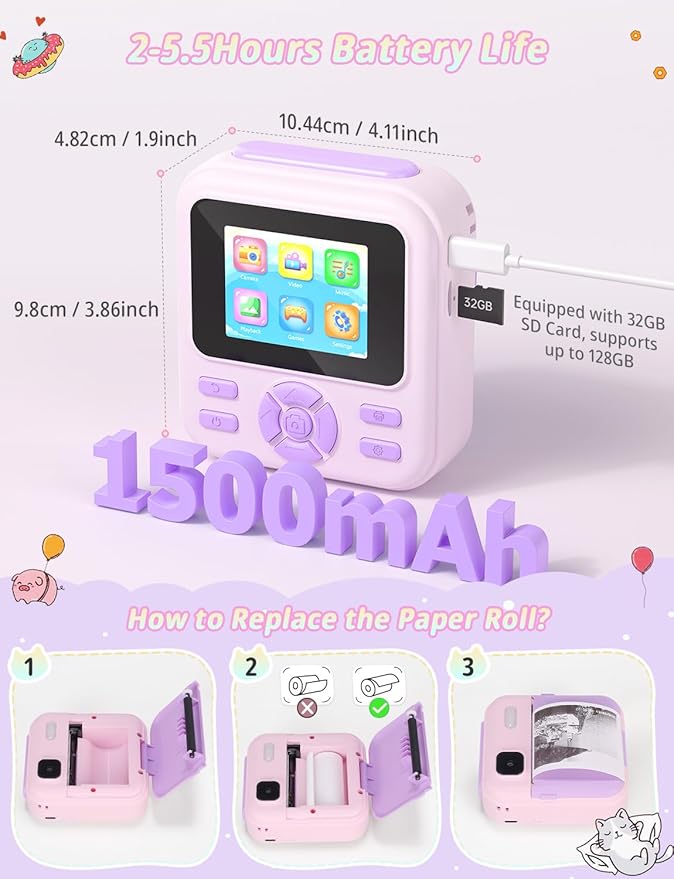 Kids Camera Instant Print, 1080P HD Digital Video Kids Instant Camera for Girl Boys, Toddler Toys for Children Age 3-12 with 3 Rolls Print Paper & 32G Card (Purple)