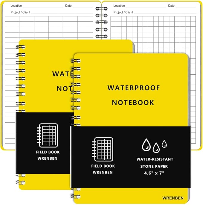 2PCS Waterproof Spiral Notebooks with Hard Cover for Outdoor Camping, Field Graph, 100 pages per Weatherproof Notepad, A6 Medium Size All-Weather Steno Pads (4.8"x7", Yellow)