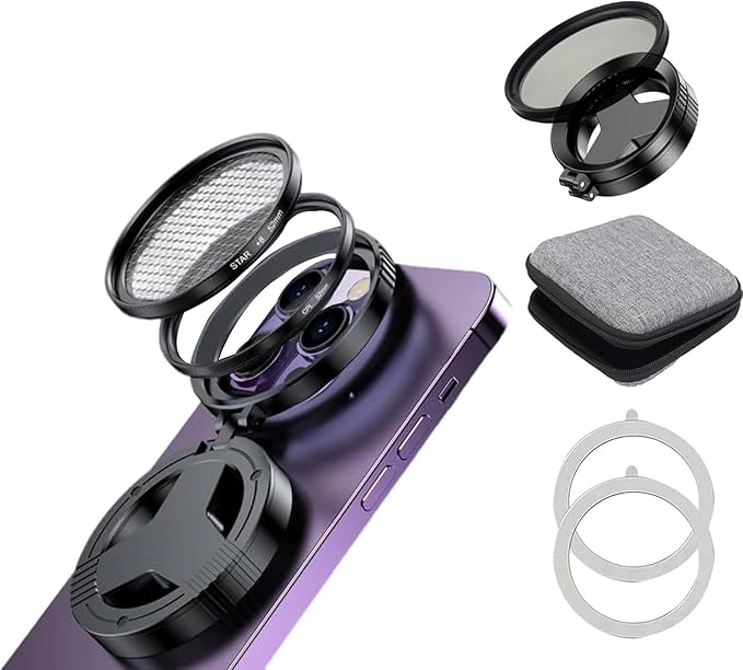 52 mm Magnetic CPL Filter, Circular Polarizing Lens with Anti-Glare Coating for Smartphone Photography, Compatible with iPhone and Android Devices, Includes a Magnetic Adapter Ring and Clip Mount