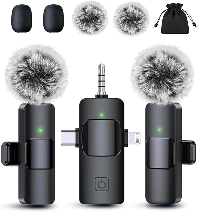 PQRQP Mini Microphone for iPhone - 3 in 1 Wireless Microphones for iOS/Android/Camera, Studio-Quality Audio, Plug & Play Clip Mic for Video Recording Podcast