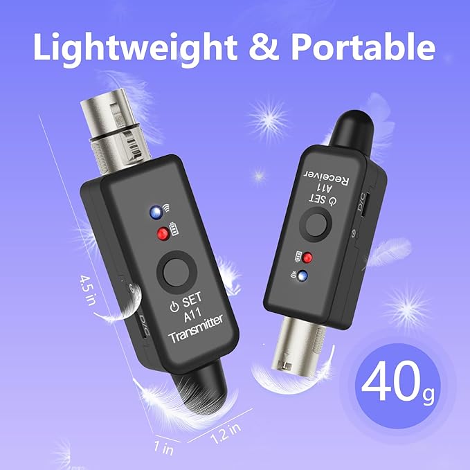 A11 2.4GHz Wireless Microphone Transmitter Receiver 4 Channels Plug-on XLR Mic Adapter Wireless Mic System for Dynamic/Condenser Mics, Audio Mixer, DSLR Camera,PA System (2TX + 1RX)