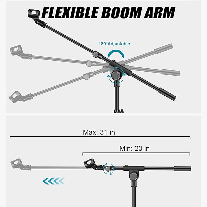GLEAM Microphone Stand for Light Microphone less than 1 LB - Tripod Boom Arm Mic Stand with Carrying Bag, 2 Mic Clips and Screw Adapter Portable for Singing Performance Wedding Stage and Mic Mount