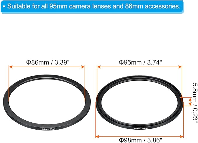 PATIKIL 95mm-86mm Metal Step Down Ring, Camera Lens Filter Adapter Ring Aluminum Filter Adapter Ring for Camera Lenses Hood, Black