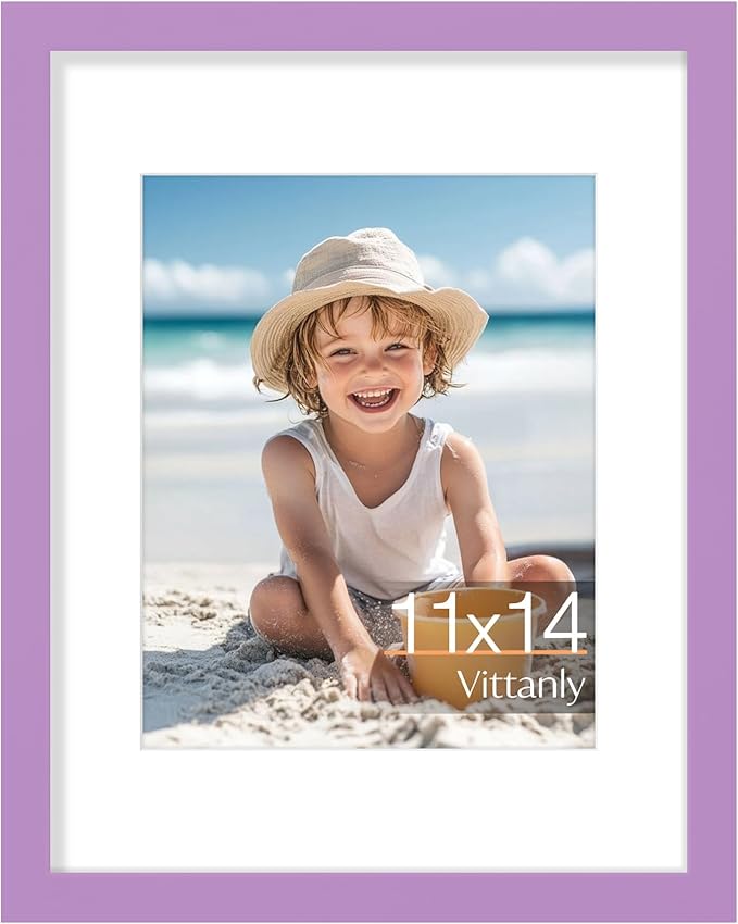 Vittanly 11x14 Picture Frame, Made of Solid Wood and Shatterproof Plexiglass, Display Pictures 8x10 with Mat or 8x10 without Mat, Wooden Photo Frame for Wall Mounting or Tabletop, Purple, 1 Pack