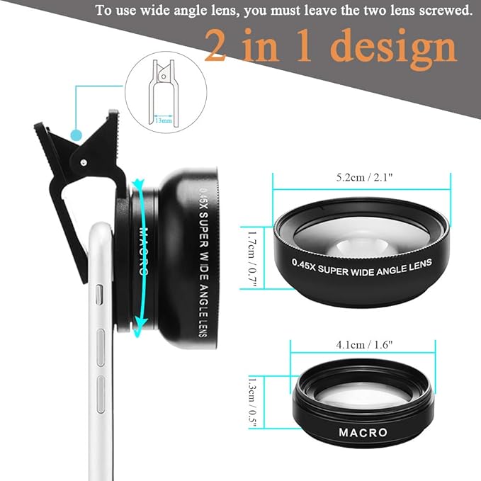 Phone Camera Lens, Professional Attachment Universal Clip on Cell Phone Photography Camera Attachable Mobile Extra 0.45X Wide Angle 12.5X Super Macro Lens Kit for iPhone Android Smartphone