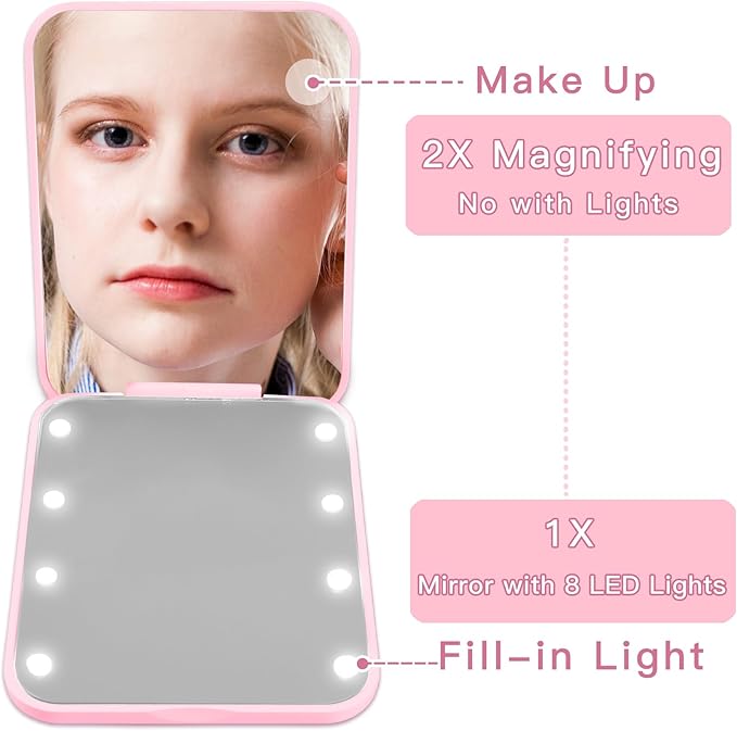 Preppy Cute Bow Travel Compact Mirror with Light for Purses 1X/2X Magnification Small Led Portable Pocket Makeup Mirror, Trendy Christmas Birthday Gift Stocking Stuffers for Teen Girls Women