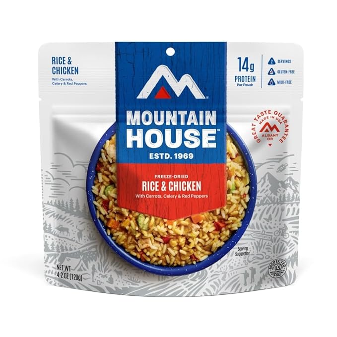 Mountain House Gluten-Free Rice & Chicken Freeze-Dried Food for Camping, 12 Servings, 30-Year Shelf-Life