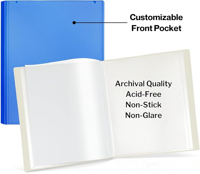 CRANBURY Portfolio Binder for 8x10 Photos (Blue), Poly Plastic 8 x 10 Art Presentation Book with Clear Plastic Sleeves, 24 Pages Hold 48 Pictures, 10x8 Photo Book with Customizable Front Pocket