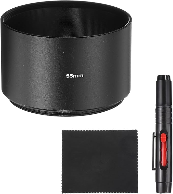 PATIKIL Lens Hood Shade, 55mm Long-Focus Mount Standard Screw-in Metal Camera Cap Shade with Cleaning Cloth and Cleaning Pen, Black