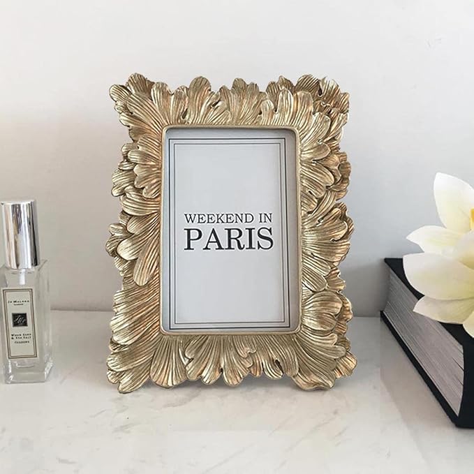CISOO Vintage 5x7 Picture Frame Antique Photo Frame Table Top Display and Wall Hanging, Retro Home Decor, Ornate Photo Gallery Art (Pale Gold)