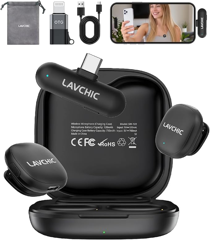 Mini Lavalier Microphone for iPhone Android Computer with Charging Case USB C Phone Mic for Vlogging Video Audio Recording Wireless Microphone AI Noise Reduction