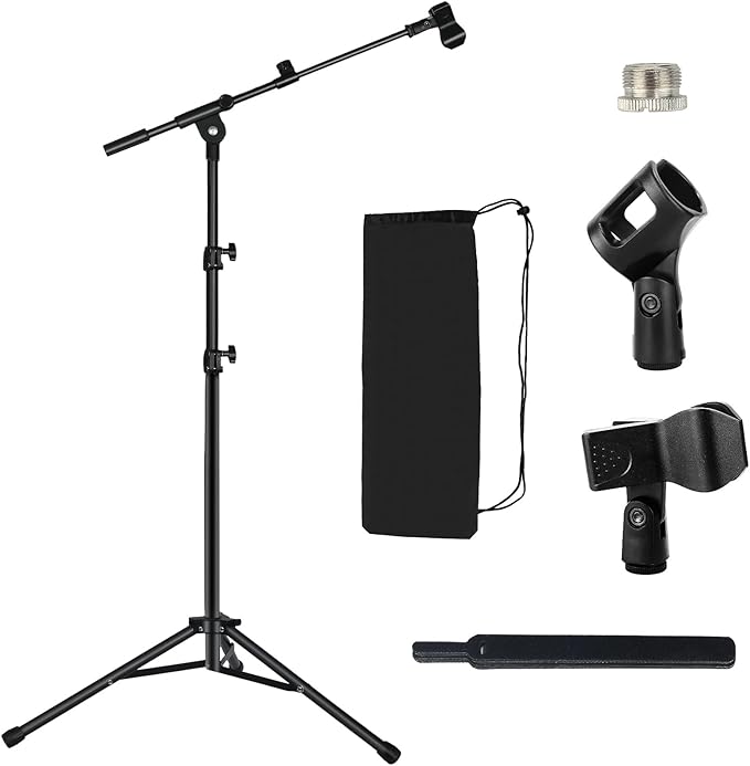 Tripod Mic Stand Floor Boom Arm for Blue Yeti Q2U K6 AM8, Floor Microphone Stand with Carrying Bag, 3/8" to 5/8" Adapter, 2 Mic Clips and Cable Ties