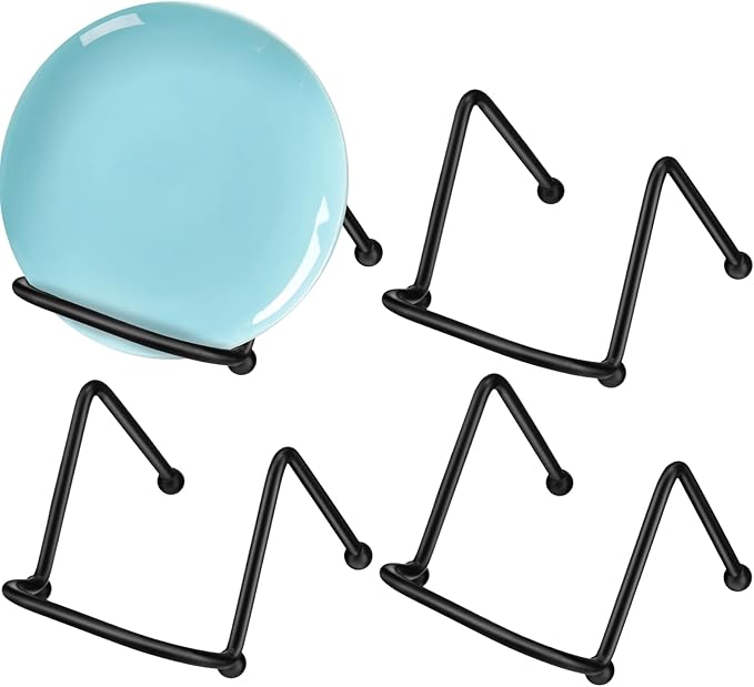RattanView 4 Pcs 2 Inch Small Plate Holder Display Stands Mini Metal Black Frame Stand for Picture, Book, Photo Easel, Creation, Collectibles Square Wire Plate Stands for Display Mobile Phone